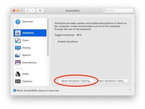 Остановка VoiceOver через Dock и меню Apple